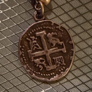 Gold Vintage Tone Pearl Beaded Cross Coin Pendant Necklace